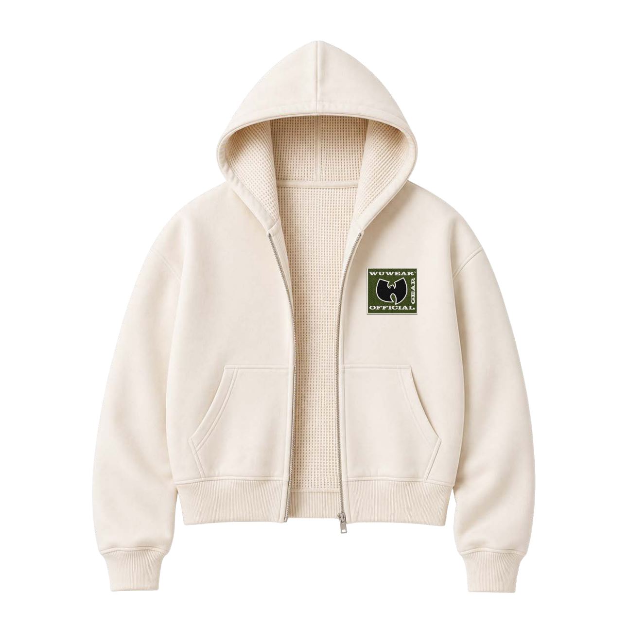 Patch Cropped Zip Hoodie, cream w/ green patch, front
