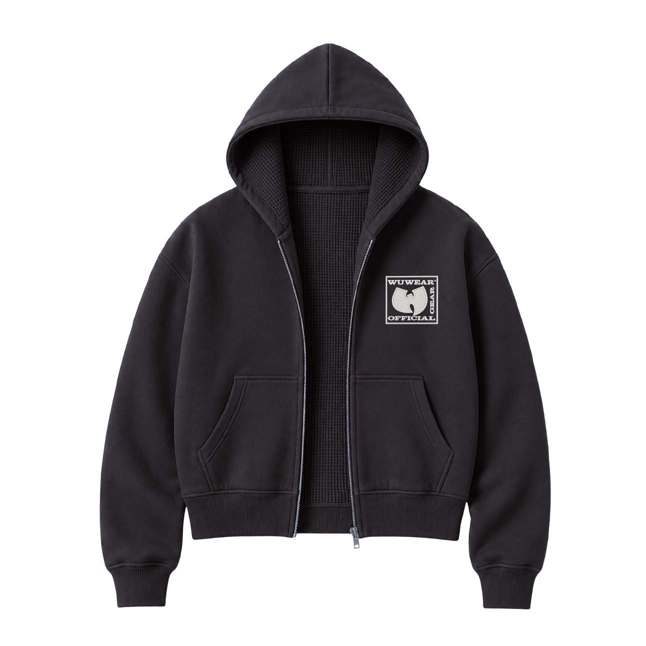 Patch Cropped Zip Hoodie, black w/ white patch, front